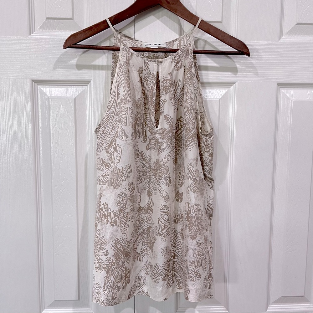 Banana Republic Womens Cream Tan 100% Silk Keyhole Patterned Tank Blouse Sz S
